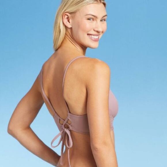 Shade & Shore Bikini Top Lavender Crochet Detail Tie Back Swimsuit Top Size 34B - Picture 5 of 12